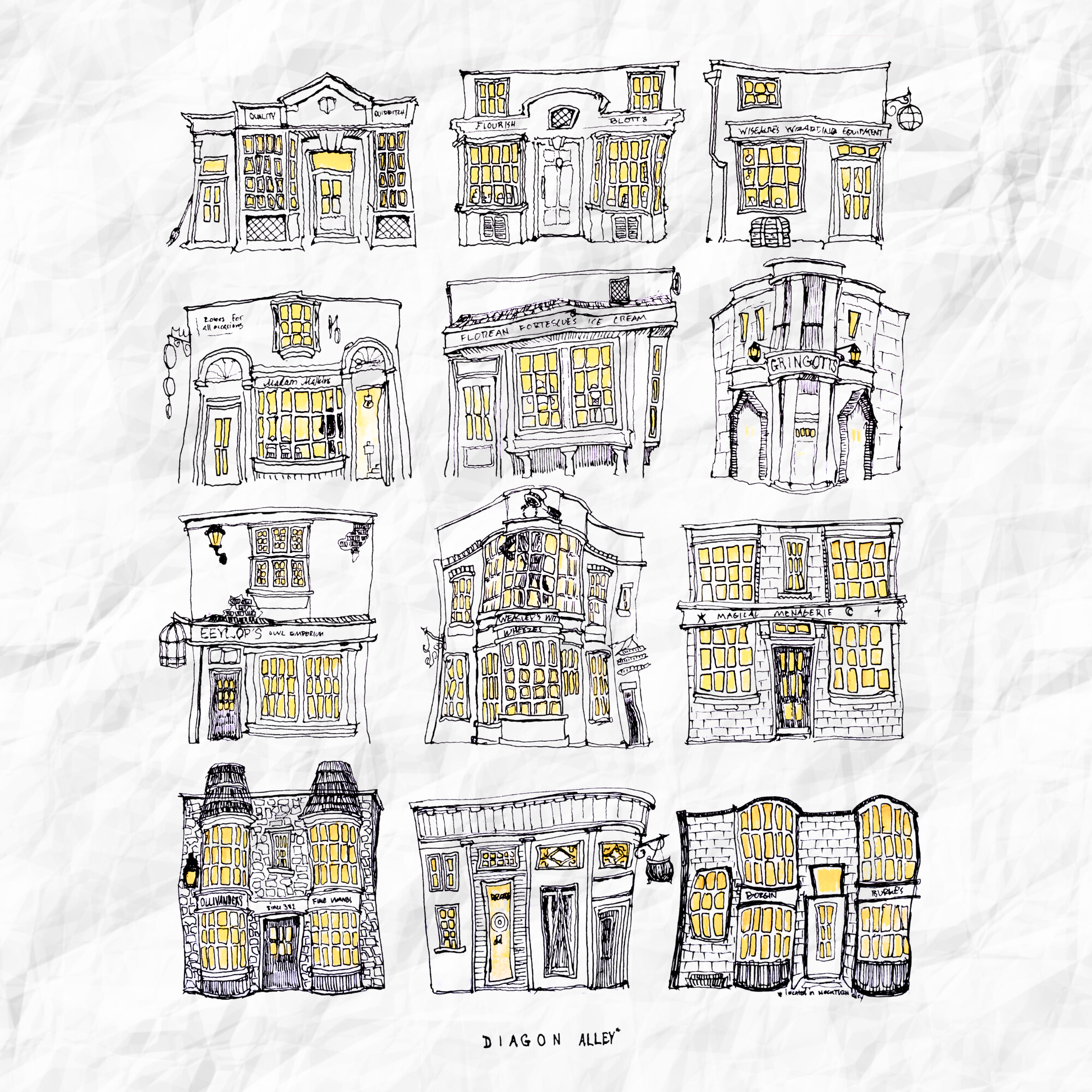 Diagon Alley w Lights On - 8x10" Print
